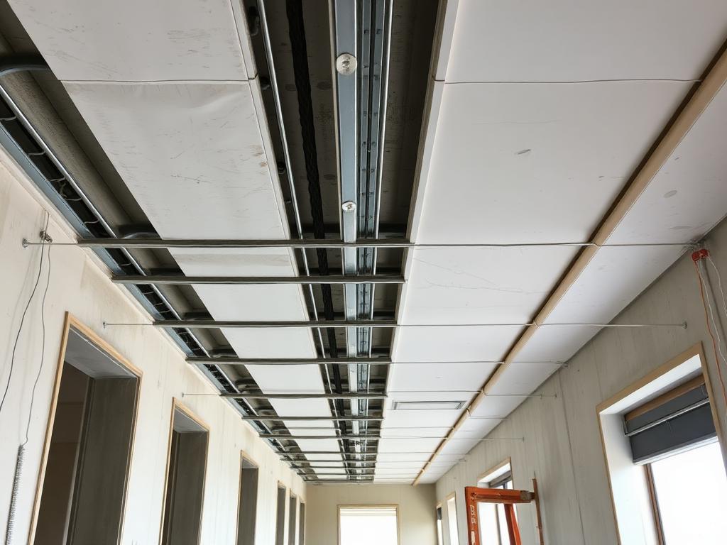 Montage einer abgehängten Schallschutzdecke im Treppenhaus