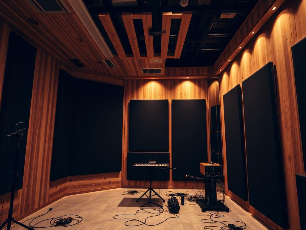 Fertig ausgebautes Tonstudio mit Holzdiffusoren und Absorberflächen